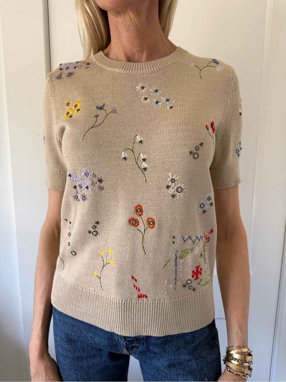 Tory Burch ‘Simone’ Beige Embroidered Yarn Knit Short-Sleeve Sweater